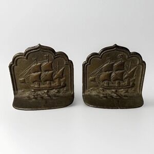 Antique Vintage Bronze Over Cast Iron Naval Sailing Ship Bookends 1900s Heavy
